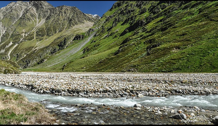 Im Vergleich: Hinten der vom Gletscher gespeiste Fluss mit getrübtem Kaltwasser, vorne der Zufluss aus wärmerem, klarem Wasser. Für viele Kleinstlebewesen sind diese eiskalten Gewässer der ideale und einzige Lebensraum. (Foto: ©Lee Brown)