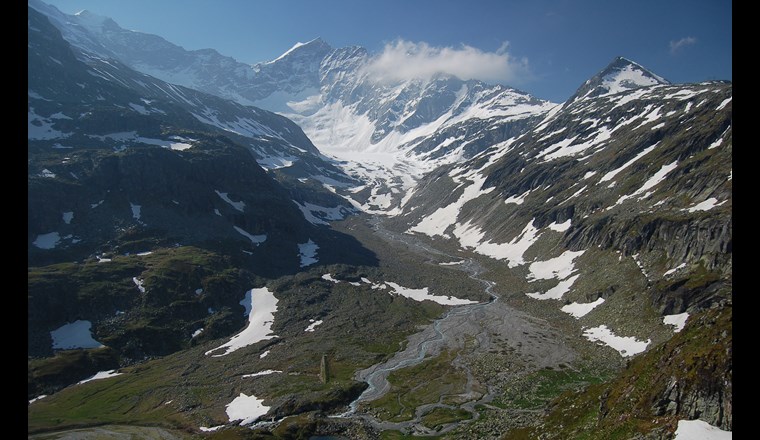 Ein Gletscherbach schlängelt sich durch die Felder des Odenwinkelkees, Hohen Tauern, Österreich. Je weiter sich der Gletscher zurückzieht, umso wärmer wird das Wasser im unteren Teil des Flusses.
(Foto: ©Lee Brown)