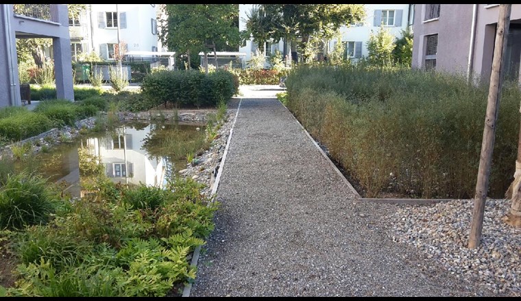 Fig. 1: Für die klimaangepasste Siedlungsentwicklung muss das Niederschlagswasser im Siedlungsgebiet zurückgehalten, verdunstet, gefahrlos abgeleitet und als Gestaltungselement genutzt werden.