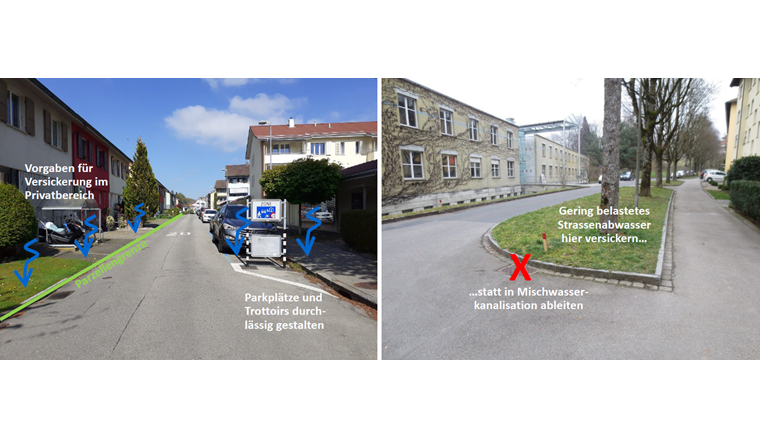 Fig. 6: Gemeinden können Vorgaben für die Versickerung im Privatbereich machen (Foto links). Im Zuge von Sanierungen sollten sie aber auch konsequent das gering belastete Strassenabwasser in Grünflächen versickern (Foto rechts) sowie Parkplätze und Trottoirflächen durchlässig gestalten, so dass ein Teil des Strassenabwassers dort versickern kann.