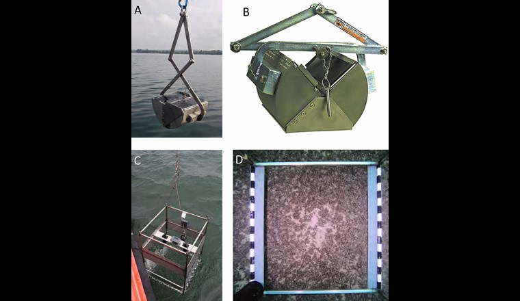 Fig. 4 Geräte, die für das Quaggamuschel-Monitoring eingesetzt wurden: A) geschlossener Ponar-Sediment-Greifer; B) offener Ponar-Sediment-Greifer. So wird er am Seeboden abgesetzt. Beim Hochziehen schliesst der Greifer und füllt sich mit Sediment. C) Benthic Imaging System (BIS) (s. Text) mit senkrecht und zur Seite ausgerichteter Kamera und Leuchten. D) Beispiel von einem BIS-Bild: Seegrund Bodensee.