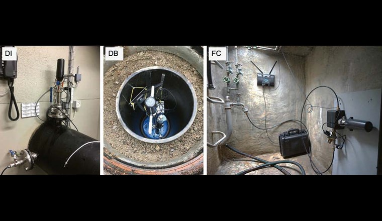 Fig. 2 Fotos der drei installierten Sensortypen zur Messung der Wasserqualität (v.l.). Direct Insertion (DI) zur Installation in begehbaren Schächten, Direct Bayonet (DB) zur direkten Installation in der Trinkwasserleitung in Minischächten im Strassenraum und Flow Cell (FC) zur Bypass-Messung in Anschlussschächten von Trinkwasserbrunnen.