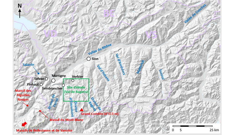Fig. 1 Situation du site d’étude dans le canton du Valais (fond de carte: Office fédéral de topographie swisstopo).