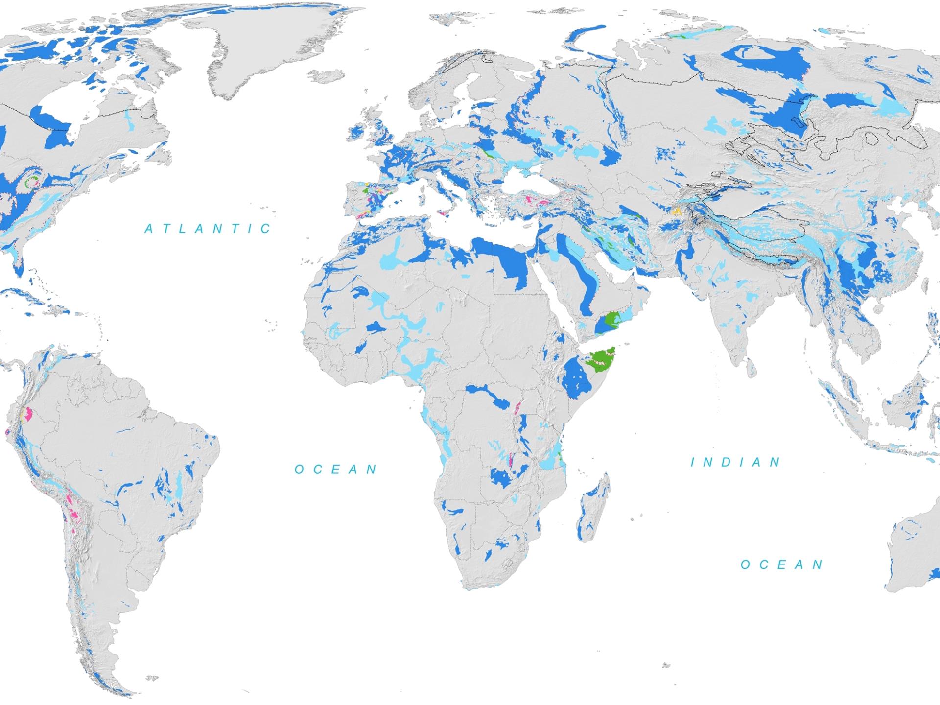 Ausschnitt der «World Karst Aquifer Map» im Massstab 1:40 000 000. Das Wissen über das Vorkommen der Karstaquifere war bisher nur regional und in unterschiedlich beschaffenen Datensätzen verfügbar. 