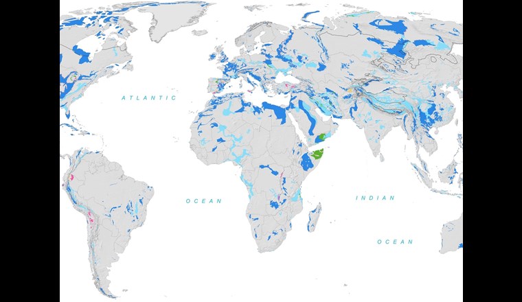 Ausschnitt der «World Karst Aquifer Map» im Massstab 1:40 000 000. Das Wissen über das Vorkommen der Karstaquifere war bisher nur regional und in unterschiedlich beschaffenen Datensätzen verfügbar. 