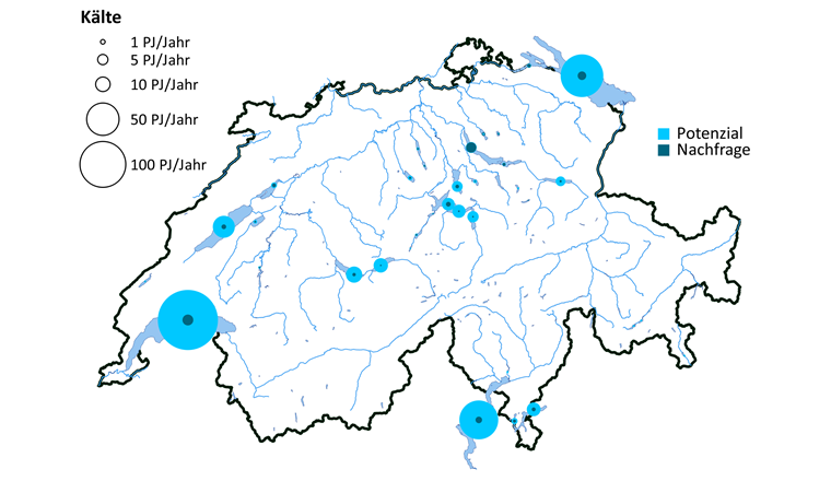 Potenzial der Schweizer Seen für Kälteextraktion und regional maximale Nachfrage. Die Fläche der Kreise ist proportional zum  entsprechenden Wert.