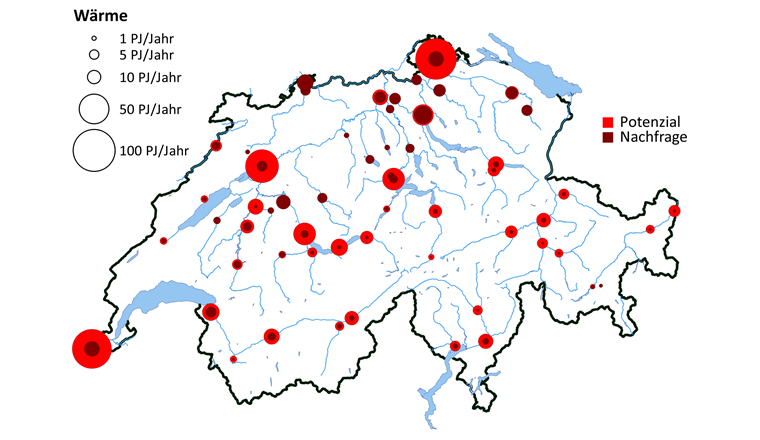 Potenzial der Schweizer Flüsse für Wärmeextraktion und regional maximale Nachfrage. Die Fläche der Kreise ist proportional zum  entsprechenden Wert.