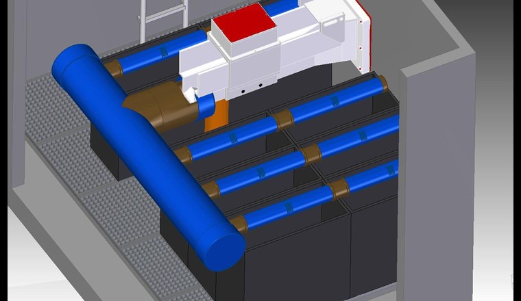 CAD-Entwurf von Filterboxen mit Zuflussmessung im Gerinne, Wasserverteilungssystem mit geschlitzten Rohren und Beschickung von oben nach unten frei dränend (trockenfallend).