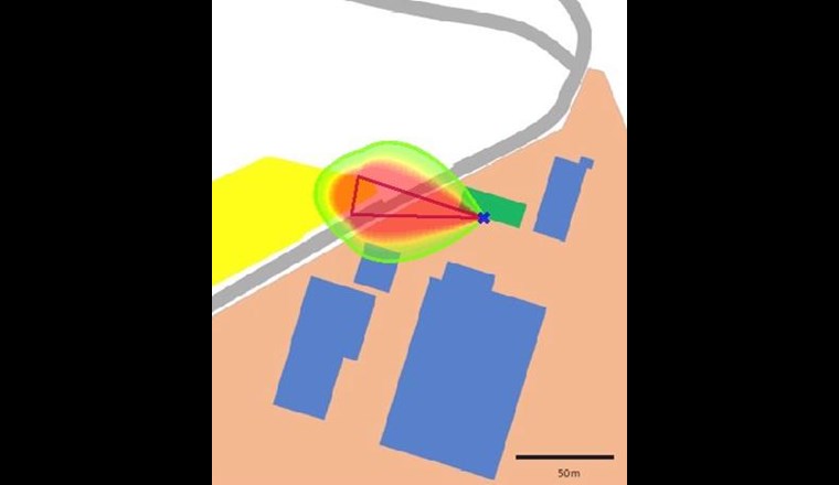 Darstellung eines Freistrahlbrandes: LNG-Anlage (grün), Werksgebäude (blau), Bauparzelle (gelb), Strasse (grau)