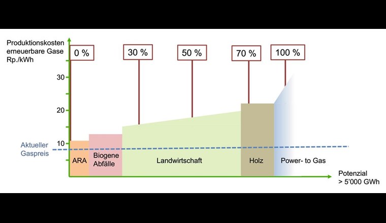 Merit-Order zur Nutzung des Biomassepotenzials der Schweiz. Die Nutzung des zusätzlichen Potenzials wird sich voraussichtlich aus wirtschaftlichen Gründen zwischen 30 und 50 Prozent einpendeln. (Quelle: VSG auf Basis der Studie)