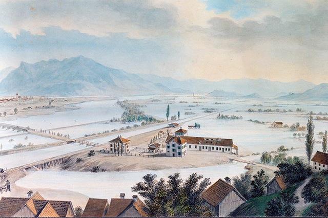 Überschwemmung von 1868 in Au, Kanton St. Gallen. (Aquarell aus dem Staatsarchiv St. Gallen)