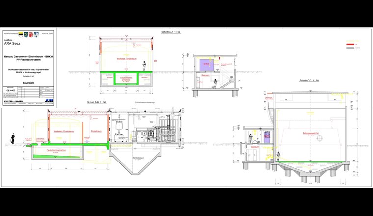 ARA Seez: Der Gasometer wurde ausgebaut, womit grössere Klärgasmengen gespeichert und das Blockheizkraftwerk gezielt in Zeiten mit hohen Tarifen bzw. bei Strombedarf eingesetzt werden kann.