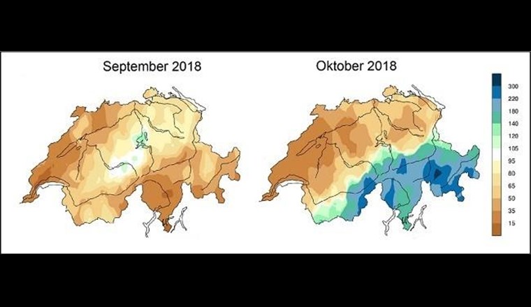 Monatssummen des Niederschlags im September und Oktober 2018 in Prozent des langjährigen Durchschnitts 1981-2010 (Quelle MeteoSchweiz).