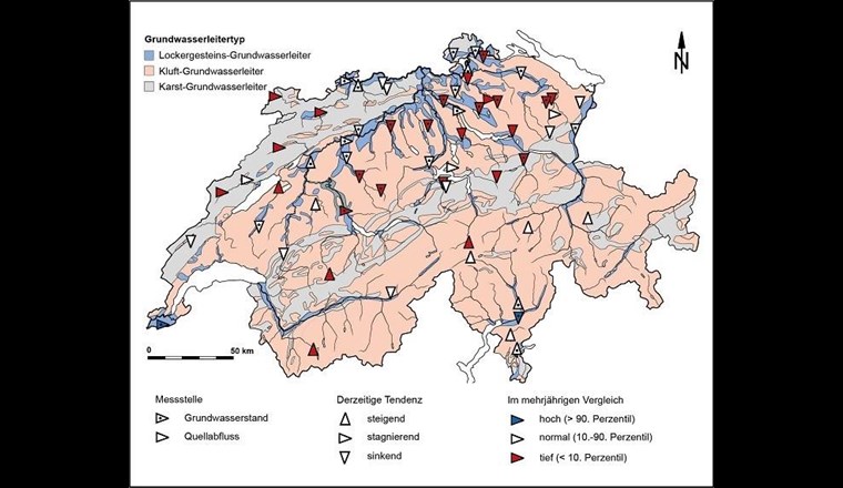 Grundwasserstände und Quellabflüsse von Anfang November im mehrjährigen Vergleich sowie derzeitige Tendenz (Quelle: Nationale Grundwasserbeobachtung NAQUA).