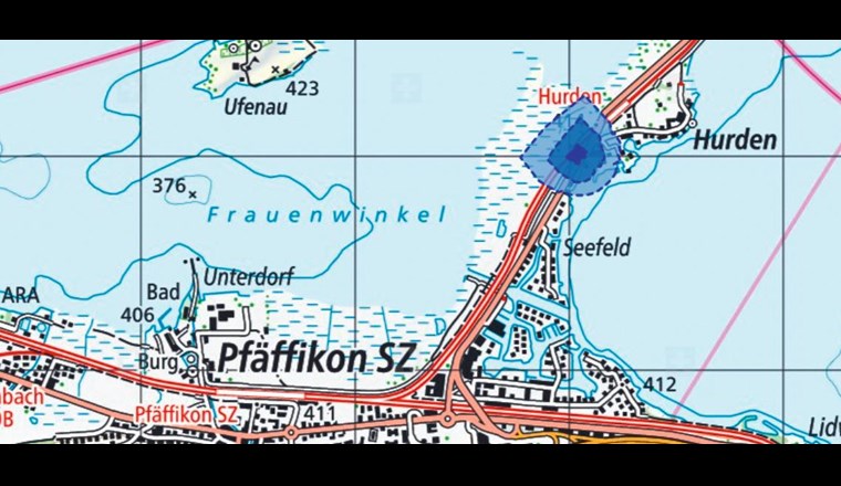 Fig. 5 Provisorische Grundwasserschutzzonen um die Fassung Hurden (Quelle: map.geo.sz.ch)