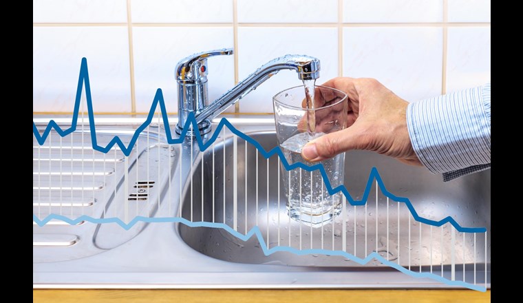 Statistica dell’acqua potabile: Dalla metà degli anni ottanta, fatta eccezione per qualche singolo anno, il consumo di acqua è in costante diminuzione nonostante il costante incremento demografico. (Diagramma:  Luchschen/Dreamstime.com)