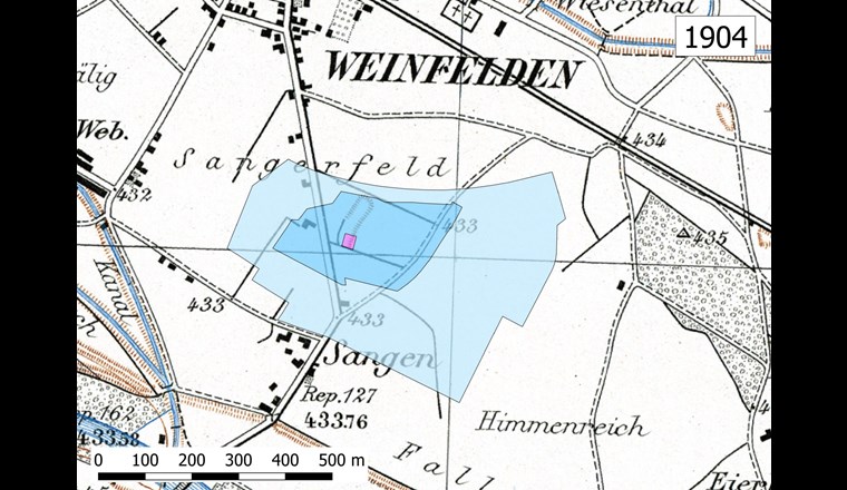Fig. 3A Umgebung der Fassung Sangen zum Zeitpunkt der Erstellung um 1904. Die Schutzzonen (Stand 2012) sind zur Orientierung eingezeichnet, obwohl damals noch keine Schutzzonen vorhanden waren. 
(Quelle: Bundesamt für Landestopografie, Amt für Umwelt Kanton Thurgau)