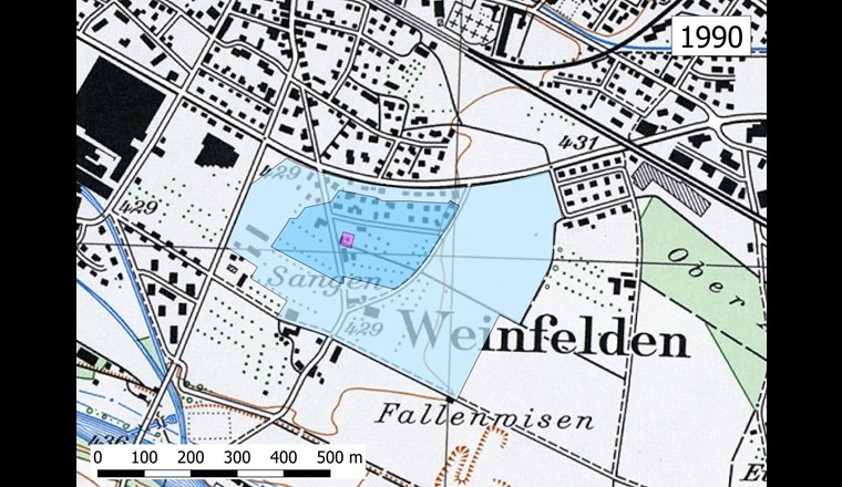 Fig. 3C Umgebung der Fassung Sangen um 1990. (Quelle: Bundesamt für Landestopografie, Amt für Umwelt Kanton Thurgau)