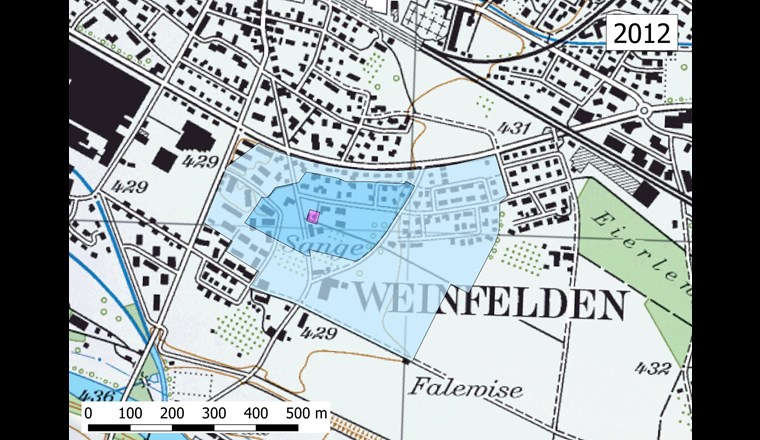 Fig. 3D Umgebung der Fassung Sangen zum Zeitpunkt der Ausserbetriebnahme um 2012. (Quelle: Bundesamt für Landestopografie, Amt für Umwelt Kanton Thurgau)