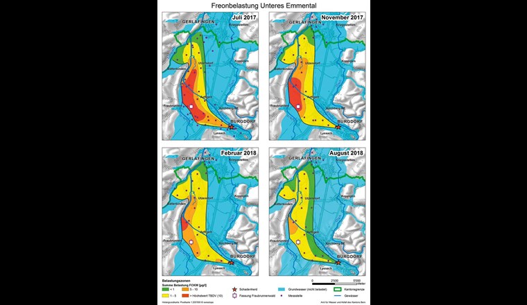 Fig. 4 Summenkonzentration FCKW zwischen Juli 2017 (ein Monat nach Entdeckung des Grundwasser-schadens) und August 2018. In diesem Zeitraum verringerte sich die im Grundwasser enthaltene Menge von etwa 600 auf 120 kg. (Grafik: E. Schönthal, R. Tschumper)