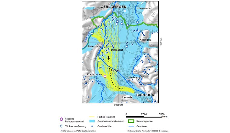 Fig. 2 Modellsimulation der Freonausbreitung im Grundwasser des Unteren Emmentals
(random walk particle tracking).  (Simulation: R. Tschumper, Grafik: E. Schönthal)