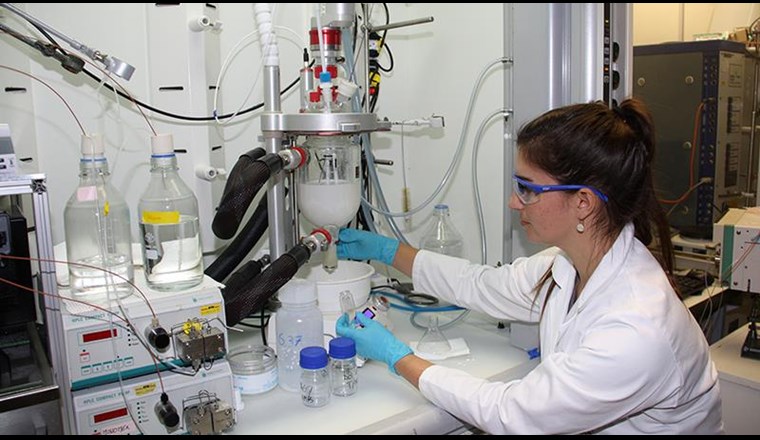 Forscherin Denise Mitrano, hier im Labor des Instituts für Chemie- und Bioingenieurwissenschaften der ETH bei der Synthese von Plastikpartikeln im Nanomassstab. (Foto: Eawag/Andri Bryner)