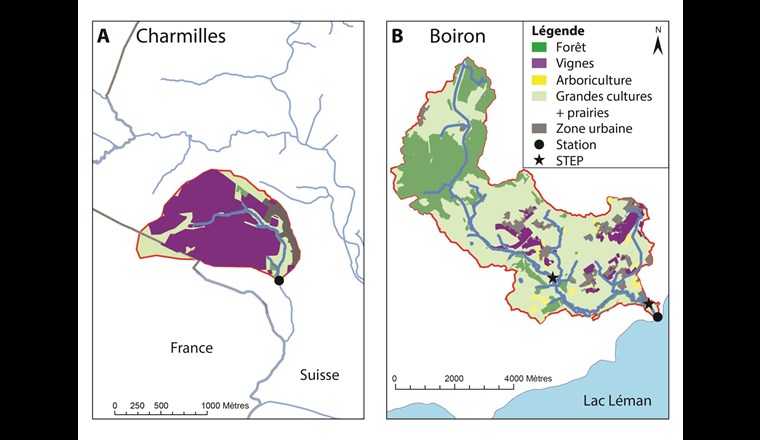 Fig. 1 Einzugsgebiete von A) Ruisseau des Charmilles und B) Boiron de Morges mit Landnutzung und Lage der Messstationen. Reproduziert mit Genehmigung von Swisstopo (JA100119).