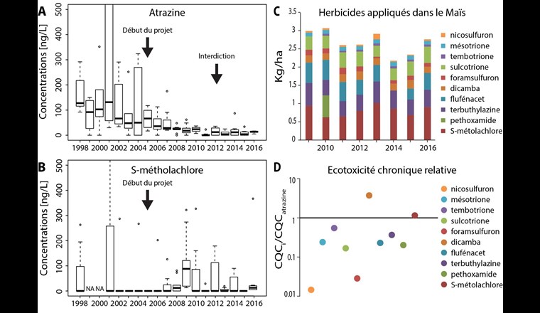 Fig. 4: Box-Plots der Konzentrationen von (A) Atrazin und (B) S-Metolachlor, gemessen zwi-schen 1998 und 2016 im Boiron de Morges; (C) Anwendungsdaten der auf den Mais-Parzellen des 62a-Projekts im Zeitraum 2009 – 2016 ausgebrachten Herbizide (kg/Jahr), normalisiert auf die Maisfläche im EZG; (D) Vergleich zwischen den chronischen Qualitätskriterien (CQK) der als Ersatz für Atrazin eingesetzten Herbizide und dem CQK von Atrazin, logarithmisch dargestellt.