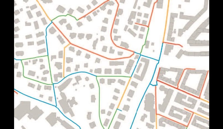 Fig. 2 Verteilung der spezifischen Gasabsatzdichten (Ausschnitt). Blau: <1000 kWh/m; grün: < 2500 kWh/m; gelb: <5000 kWh/m; orange: <10'000 kWh/m; rot: >10'000 kWh/m