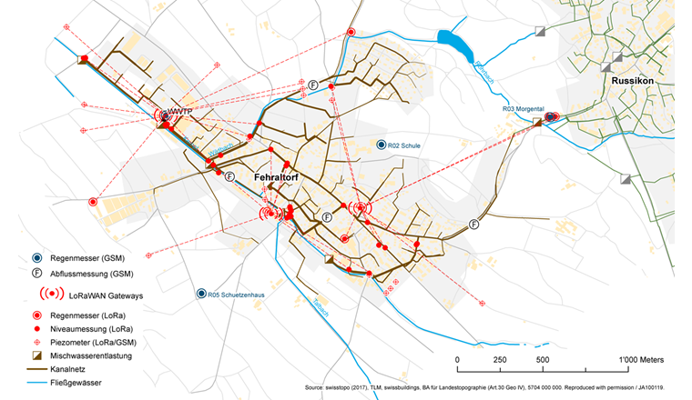 Sensorik und Funkinfrastruktur im Einzugsgebiet der Gemeinde Fehraltorf (Stand: November 2018). Unterbrochene Linien zeigen die präferierten Funkverbindungen zwischen LoRaWAN-Gateways und Sensorknoten.
