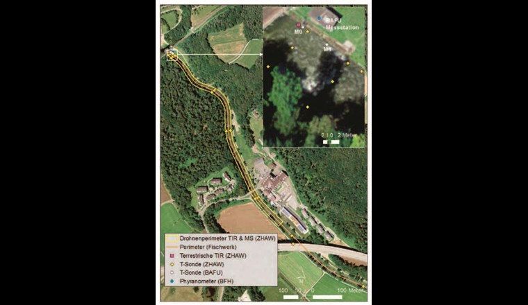 Fig. 1 Übersicht des Untersuchungsgebietes bei der BAFU-Messstation «Glatt-Rheinsfelden» 
(Koordinaten: 678040/269720, 336 m ü.M.). Der dargestellte Gewässerabschnitt ist morphologisch eingeschränkt (kanalisiert), hat eine mittlere Breite von 18 m, eine durchschnittliche Neigung von 7‰ und liegt im Abflussregimetyp «pluvial inférieur». Das Wasser ist reich an Gesamtphosphor (100–130 μg P/l; [10]), und es wächst eine beachtliche Menge an Makrophyten und Algen auf dem Flusssubstrat. TIR: Thermal Infrarot, MS: Multispektral-Aufnahmen. (Orthofoto: Swissimage; swisstopo)