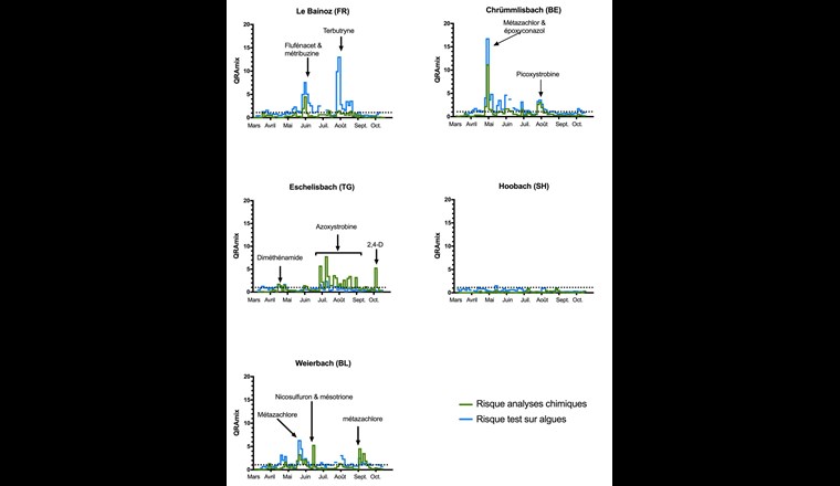 Fig. 4 Comparaison des QRA livrés par le monitoring basé sur les effets (en bleu, inhibition de croissance au bout de 24h dans le test combiné sur algues vertes) et par le monitoring chimique (en vert, QRAmix des substances agissant sur les végétaux). La ligne pointillée correspond à un QR de 1. La figure indique par ailleurs les PPh dominants pour le risque. DEQ = concentrations d'équivalents diuron, accolade dans le graphique de l'Eschelisbach: tous les pics sont dominés par l'azoxystrobine.