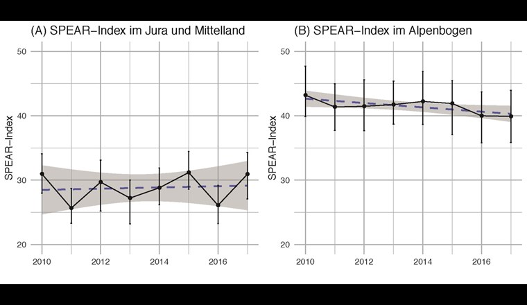 Zeitliche Veränderung des SPEAR-Index im (A) Jura und Mittelland und (B) im Alpenbogen. In beiden Grafiken wurden nur die Flächen der kollinen und montanen Höhenstufe berücksichtigt (Jura und Mittel­land: 168 Probenahmestellen; Alpenbogen: 153 Probenahmestellen). Dargestellt sind die mittleren Jahreswerte inklusive des 95%-Kompatibilitätsintervalls in schwarz. Zudem wurde eine Regressionsgerade (gestrichelte Linie mit 95%-Kompatibilitätsintervall in grau) durch die mittleren Jahreswerte gelegt.