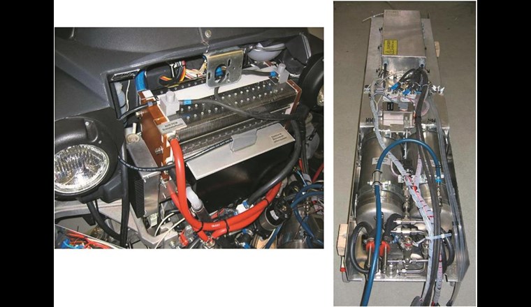 Bilder vom Frontbereich des Hy-SAM  (l.) mit eingebauter Brennstoffzelle und vom zentralen Träger (r.) mit den prägnanten H2-Speichern im Vordergrund