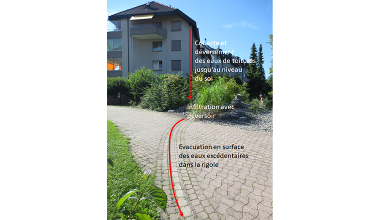 Fig. 3a Éléments d’aménagement pour limiter, voire éviter, le ruissellement d’eaux pluviales: Lotissement «Im Park» à Ittigen près de Berne. Aménagement de l’environnement avec des surfaces perméables sous forme de gravier, gazon et pavés d’assemblage. Évacuation des eaux de toiture avec transport des eaux aménagé en surface. Les eaux de toiture s’infiltrent autant que possible dans la surface de gravier et le trop-plein est évacué en surface par la rigole jusqu’à une installation d’infiltration centralisée.