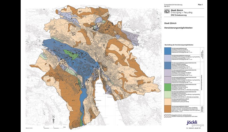Versickerungsmöglichkeiten (dunkelblau: gut, hellblau: mässig gut, hellbraun: schlecht, dunkelbraun: fehlend)