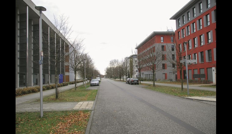 Gestaltungsbeispiel im öffentlichen Raum: gut angepasste Pflanzabstände zu den Gebäuden und zur Strasse