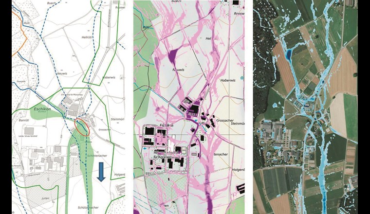 Links: Fliesstiefenkarte aus der rechtsverbindlichen Naturgefahrenkarte (HQ100) mit offenem Bachabschnitt und Einlaufbauwerk (rot umkreist). 
Mitte: Gefährdungskarte Oberflächenabfluss des Bundes. Rechts: Fliesstiefenkarte der gekoppelten Berechnung.
