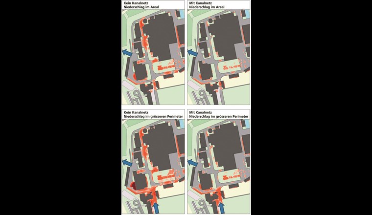 Ausschnitte aus der Starkregenanalyse für ein Industrieareal. Die Fliesstiefen sind in einem Bereich von 3 cm (hellrot) bis > 0,5 m (dunkelrot) dargestellt. Die Berücksichtigung des Kanalnetzes und der Einlaufschächte (Bilder rechts) sowie allfälliger Zuflüsse von ausserhalb (Bilder unten) haben beim ausgewählten Ereignis (10-jährliches Niederschlagsereignis) einen grossen Einfluss auf die Fliesstiefen im Areal.