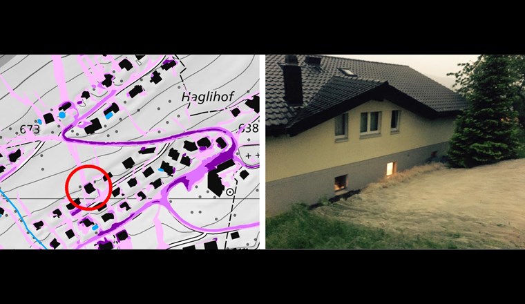 Ausschnitt Gefährdungskarte Oberflächenabfluss und eingetretenes Schadenereignis. Hellrosa: < 10 cm, dunkelrosa: 10–25 cm, violett: > 25 cm Fliesstiefe; Kreis: Gebäude in der Foto rechts.  						                
 (Karte: BAFU/Swisstopo; Foto: Schadenakte GVL)
