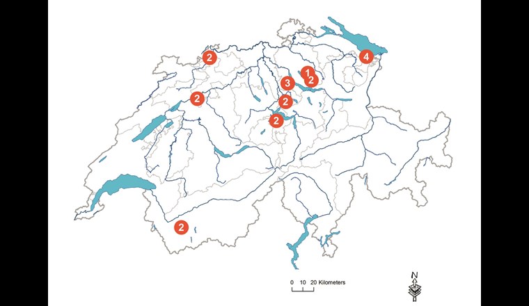 In neun Kläranlageneinzugsgebieten wurden insgesamt 20 Mischabwasserentlastungen beprobt. Zahl = Anzahl Standorte pro Einzugsgebiet.