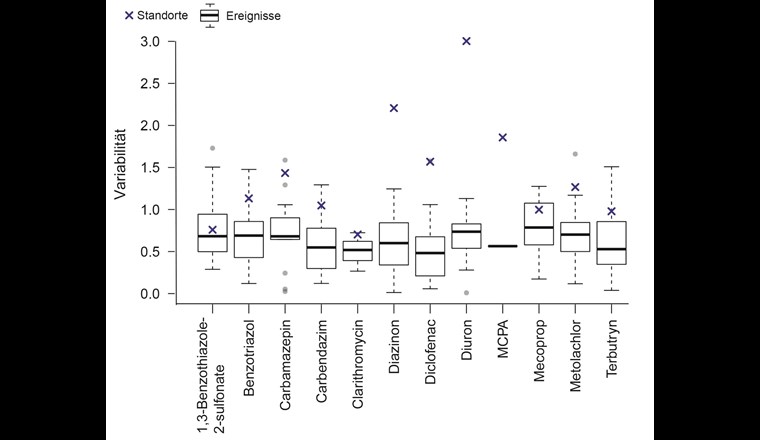 Variabilität zwischen unterschiedlichen Standorten (Kreuz, Variationskoeffizient Standorte) im Vergleich zur Variabilität zwischen den Ereignissen eines Standortes (Box, Variationskoeffizient der Ereignisse eines Standortes). 2,4-D wurde nur an einem Standort gefunden.