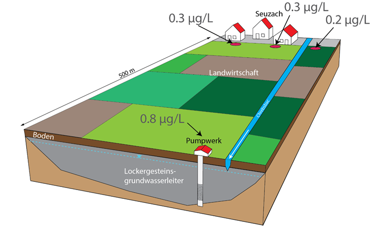Fig. 2 Schematische Darstellung des intensiv landwirtschaftlich genutzten Teilgebietes zwischen dem Pumpwerk Brunnenwis und dem Siedlungsgebiet der Gemeinde Seuzach. Zahlen entsprechen den typischen DPC-Konzentrationen im Pumpwerk bzw. in den Grundwassermessstellen sowie im Chrebsbach.