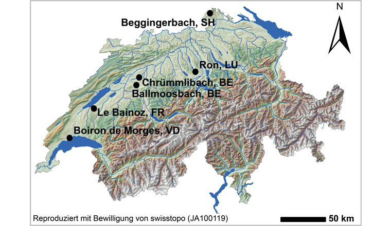 Lage der sechs Einzugsgebiete in der Schweiz.