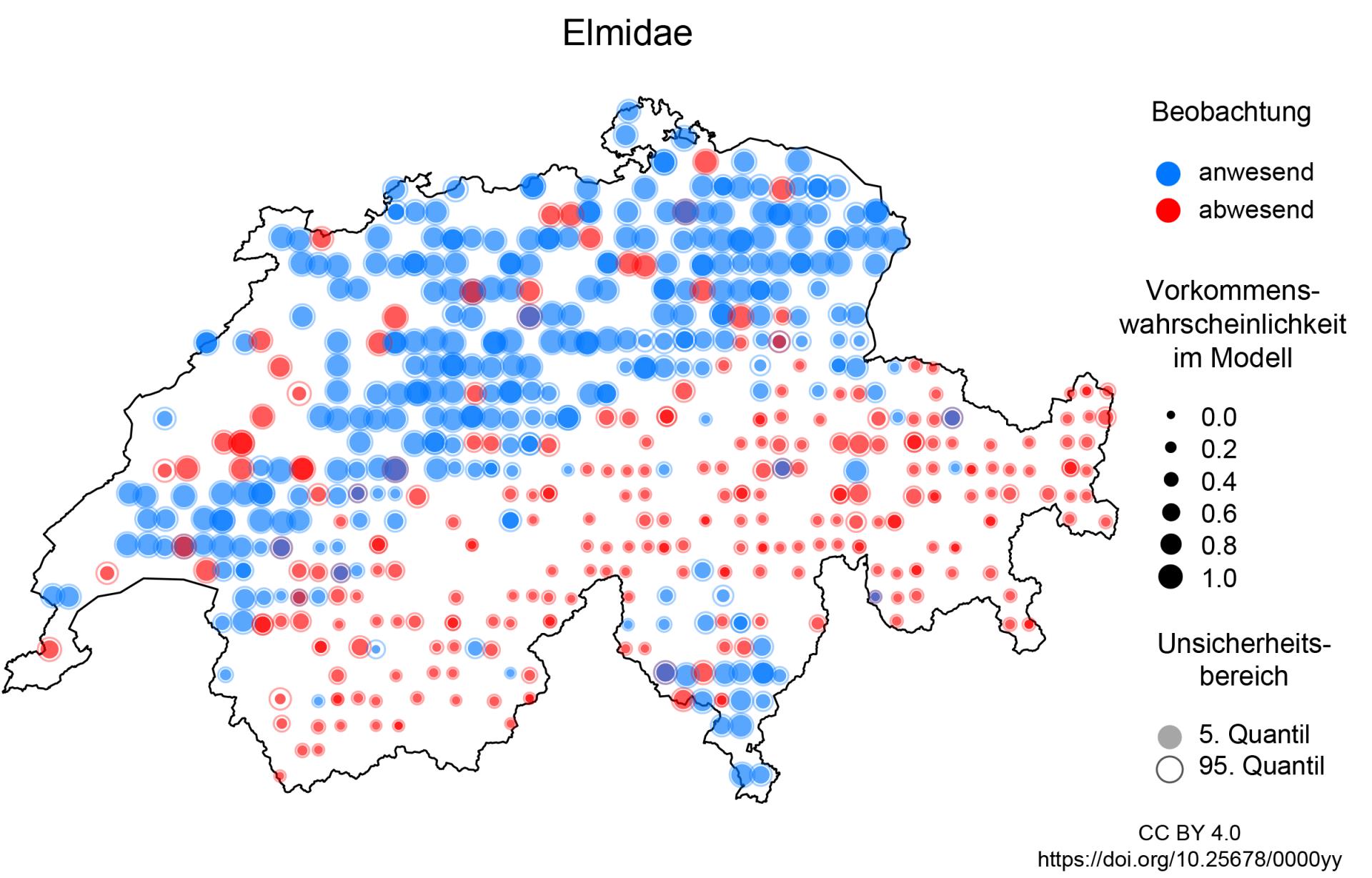 Vorkommen der Käferfamilie Elmidae in der Schweiz in den Biodiversitätsmonitoringdaten und im Modell, grosse blaue Punkte und kleine rote Punkte zeigen eine gute Übereinstimmung zwischen Beobachtung und Modell. (Grafik: Eawag)