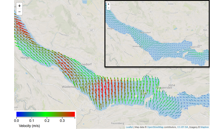 Fig. 3 Distribution des courants du lac de Zurich le 4 mars 2017, à 10 h. L’encart en haut à droite indique la situation deux heures plus tôt. Ce brusque changement montre la nature explosive de tels événements. Les rafales de foehn observées en Suisse ce jour-là ont entraîné la formation temporaire de courants atteignant jusqu’à 0,43 m/s dans le lac, soit le record annuel calculé par le modèle.