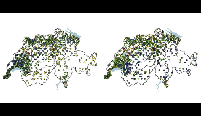 Vergleich der Gewässerbeurteilung anhand des IBCH (a) und des IBCH_19 (b) für alle vorhandenen Aufnahmen.