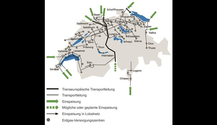 Hauptnetz der Schweizerischen Erdgasversorgung. (Quelle: Verband der Schweizerischen Gasindustrie VSG [4])