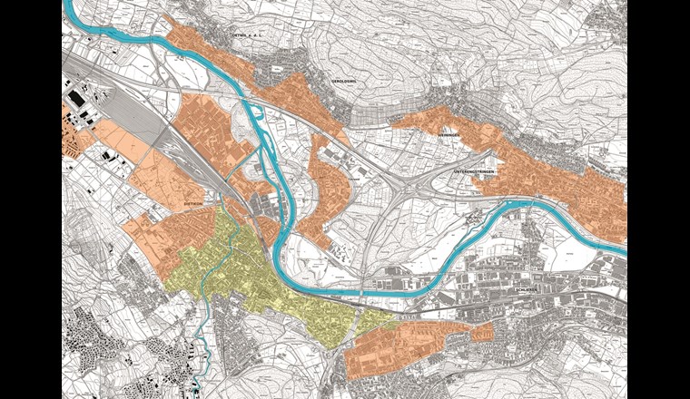 Versorgungsgebiet Limeco Regiowärme. Orange: abgestimmte Versorgungsgebiete; gelb: mit den Gemeinden abzustimmende Versorgungs­gebiete (Energieplan)