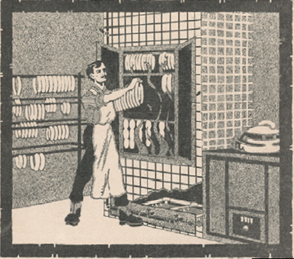 Anfang der 1920er-Jahre geriet die Gasindustrie in wirtschaftliche Schieflage. Mit so genannten «Klichées», die der SVGW seinen Mitgliedern zur freien Verwendung zur Verfügung stellte, versuchten die Gasversorger die Öffentlichkeit von der Effizienz der Gasfeuerung im Haushalt und Gewerbe zu überzeugen. Im Bild: ein Gasräucherapparat für Metzgereien, fabriziert unter dem Namen «Perfekt» von Adolf Herzog in Zürich. (Quelle: Monats-Bulletin No. 12/1921)